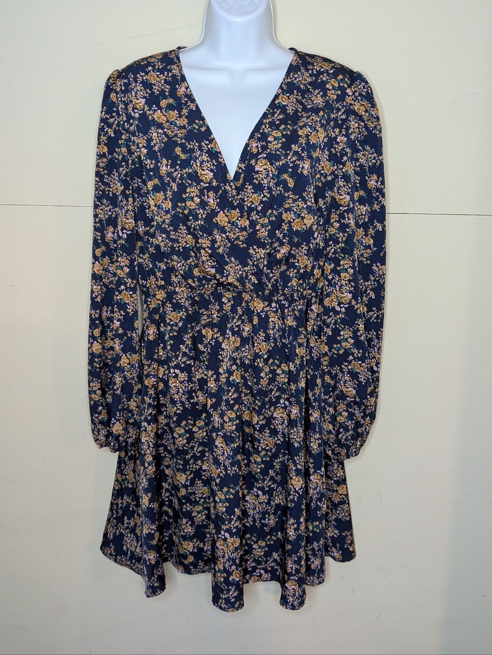 Cupshe Long Sleeve Mid-length Dress Navy with Yellow Floral All Over Print